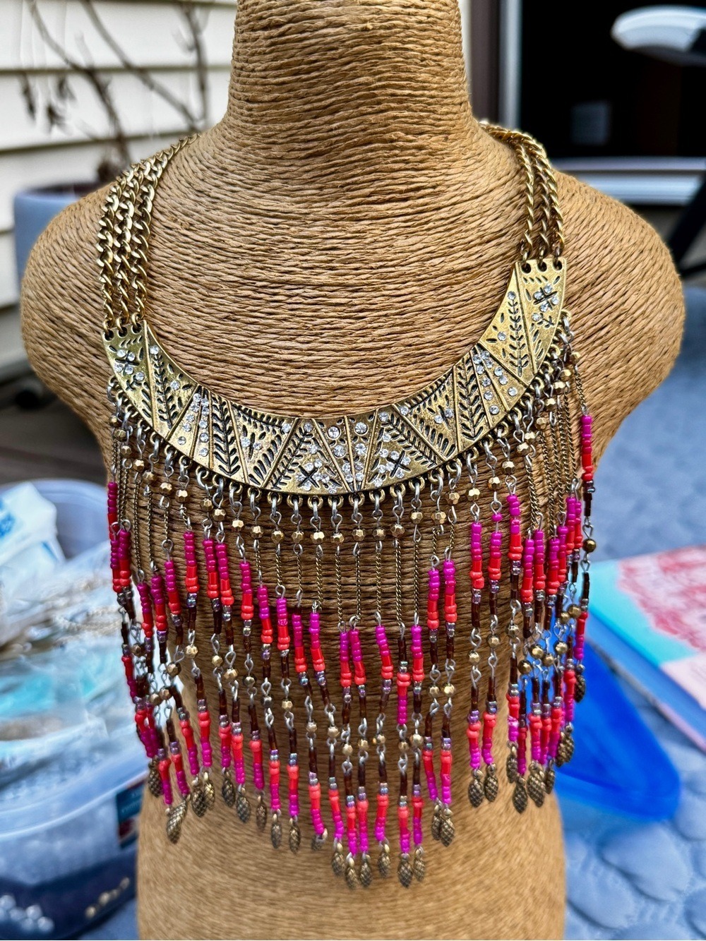 Boho Gold-Tone Fringe Necklace with Pink & Red Beads